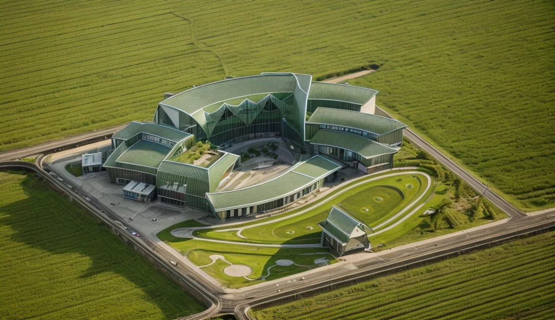 aerial view, master view, grass, day, line, curve, highquality, realistic photo, canon eos 5D mark, [[[architech1904]]], natural light, (realistic: 1.2), sharpen edge, green architecture, green building, morden building.