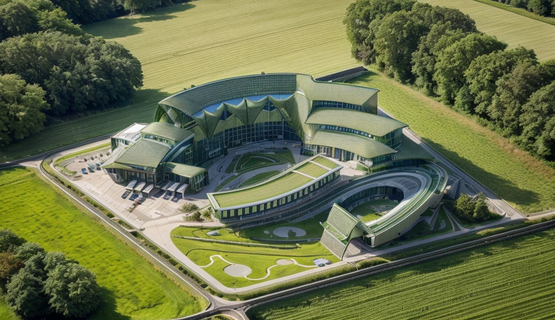 aerial view, master view, grass, day, line, curve, highquality, realistic photo, canon eos 5D mark, [[[architech1904]]], natural light, (realistic: 1.2), sharpen edge, green architecture, green building, morden building.