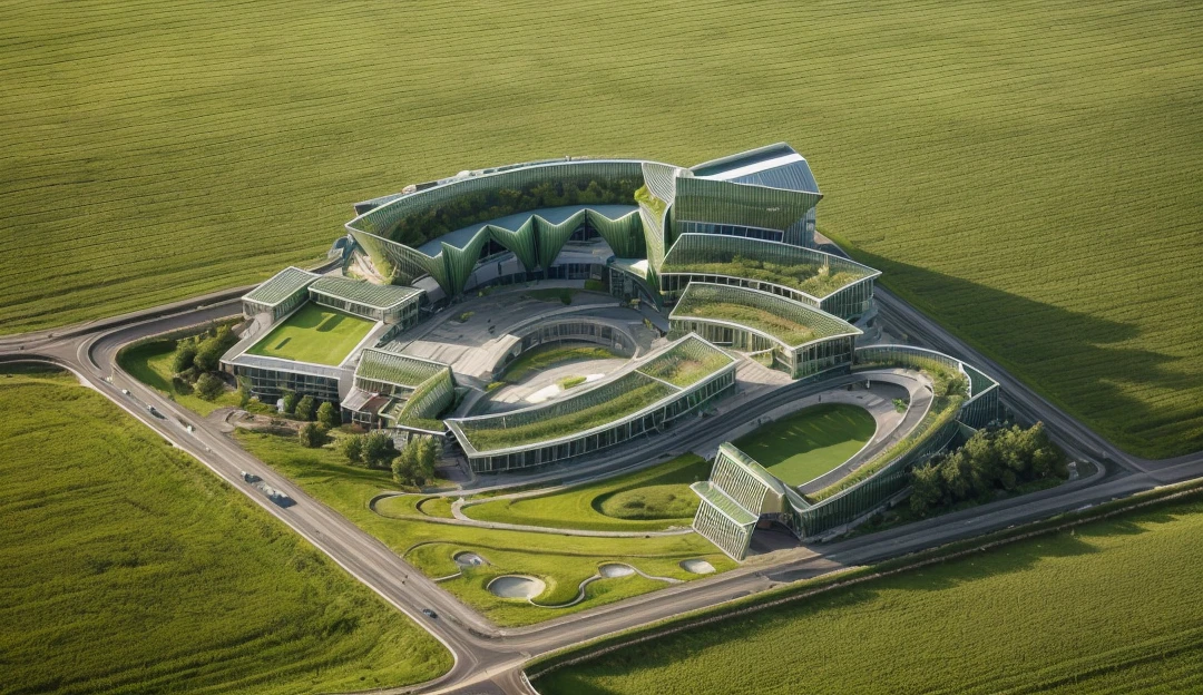 aerial view, master view, grass, day, line, curve, highquality, realistic photo, canon eos 5D mark, [[[architech1904]]], natural light, (realistic: 1.2), sharpen edge, green architecture, green building, morden building.