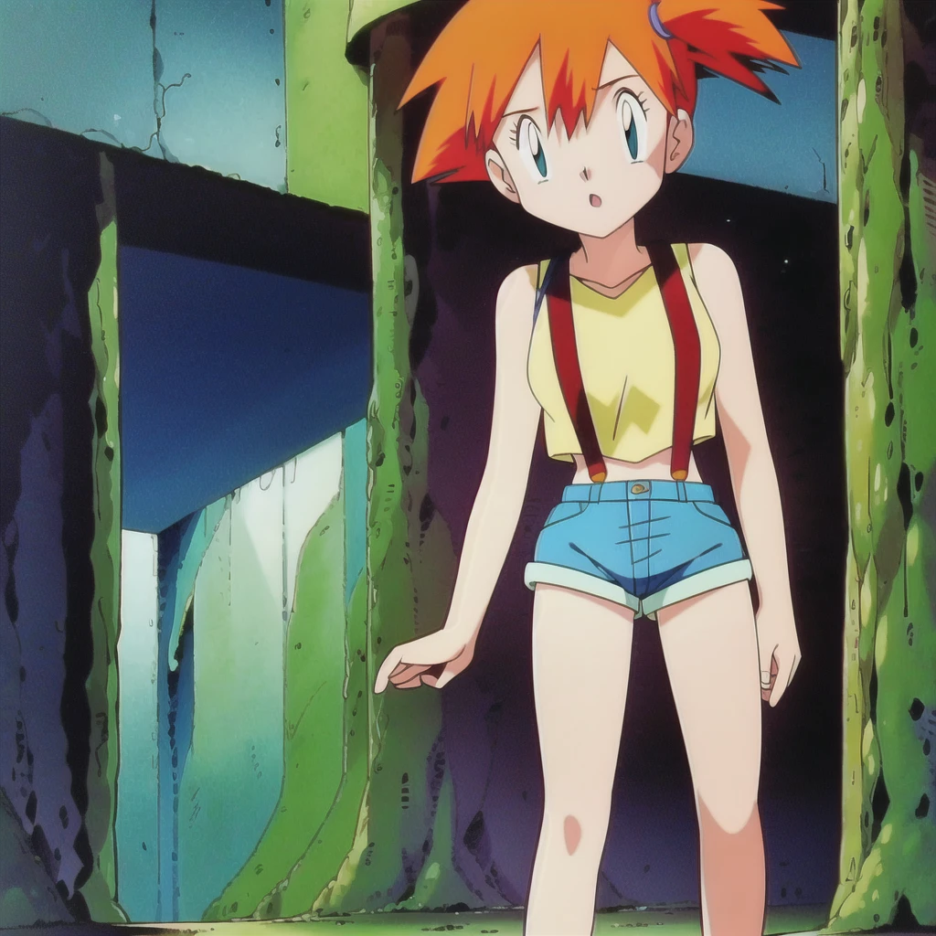 misty (pokemon), 1girl, solo, yellow shirt, sleeveless shirt, suspenders, denim shorts, outdoors