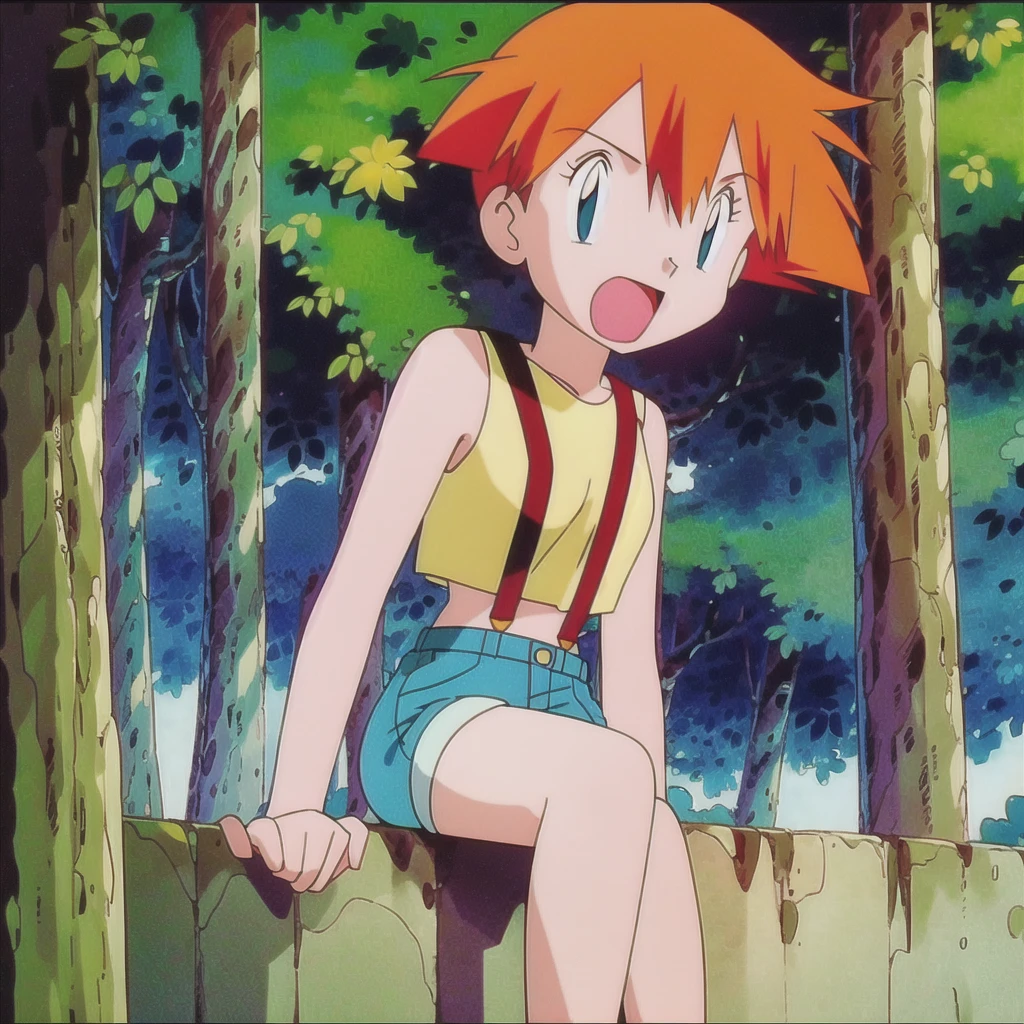 misty (pokemon), 1girl, solo, yellow shirt, sleeveless shirt, suspenders, denim shorts, outdoors