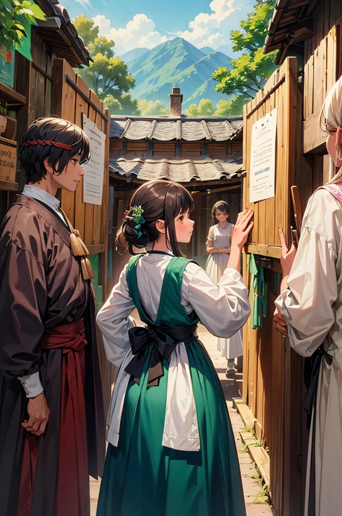An image of the villagers, in traditional clothing, standing and learning the value of sharing and working together for the common good, inspired by the tree's story. (masterpiece, hd, best quality, 2d)