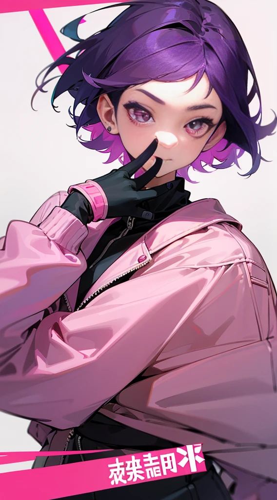 Top Quality, 8K, 4K, High Definition, Detail, (better-quality, 8K, 12), top-quality, 1 girl、only showing her face, she has purple hair, wearing a yellow pin on her right side of her hair, she has her hands together, she looking at you, she is smiling at you, medium breast, her jacket color dark gray with a pink zipper, pink eyes, showing her face and chesat, short hair long as her neck, (only showing half of her body) her jacket is loose. she is wearing earing only right ear shaped has a heart, (she holding katana) katana facing down, (katana is covering half of her face,)