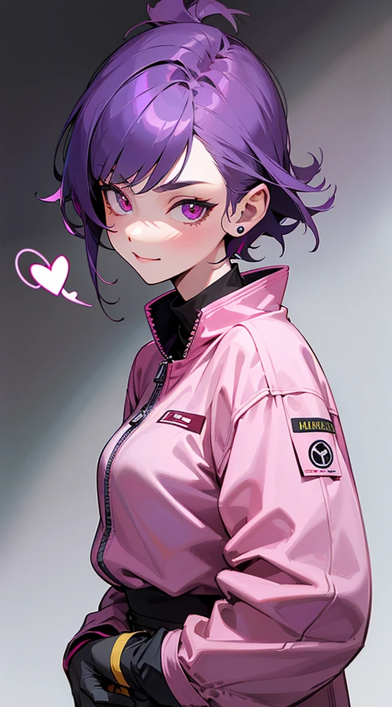 Top Quality, 8K, 4K, High Definition, Detail, (better-quality, 8K, 12), top-quality, 1 girl、only showing her face, she has purple hair, wearing a yellow pin on her right side of her hair, she has her hands together, she looking at you, she is smiling at you, medium breast, her jacket color dark gray with a pink zipper, pink eyes, showing her face and chesat, short hair long as her neck, (only showing half of her body) her jacket is loose. she is wearing earing only right ear shaped has a heart, (she holding katana) katana facing down, (katana is covering half of her face,)