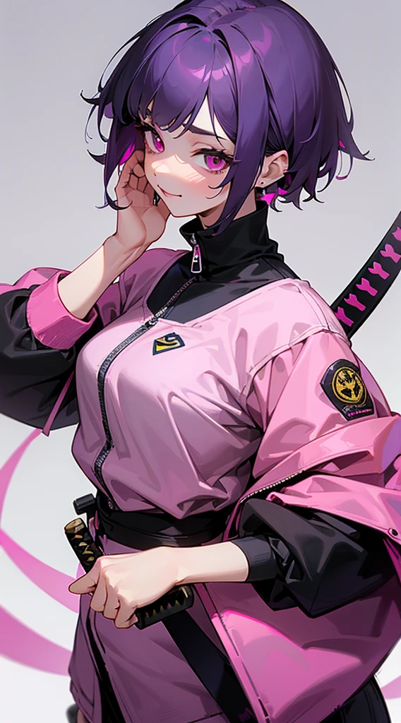 Top Quality, 8K, 4K, High Definition, Detail, (better-quality, 8K, 12), top-quality, 1 girl、only showing her face, she has purple hair, wearing a yellow pin on her right side of her hair, she has her hands together, she looking at you, she is smiling at you, medium breast, her jacket color dark gray with a pink zipper, pink eyes, showing her face and chesat, short hair long as her neck, (only showing half of her body) her jacket is loose. she is wearing earing only right ear shaped has a heart, (she holding katana) katana facing down, (katana is covering half of her face,)