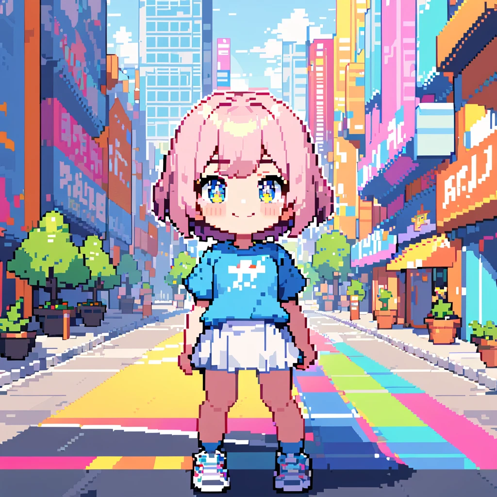 (masterpiece:1.5), best quality, very aesthetic, absurdres, pixel art, 1girl, female, , short hair, light pink hair, bouncy bangs, sparkling eyes, smile, blue T-shirt, white skirt, sneakers, standing energetically, pixelated city background, colorful buildings, pixelated trees, bright sunlight, vibrant colors, cheerful atmosphere, centered composition, vivid pixel colors