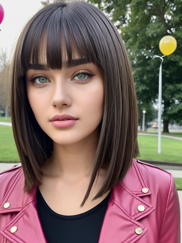 Beautiful 18-year-old girl, named Sofia, beautiful golden eyes, large detailed eyes, MID-HEIGHT bob long haircut, pink lips, sexy, detailed face, black jacket, in the background a park and a Russian roulette with balloons.