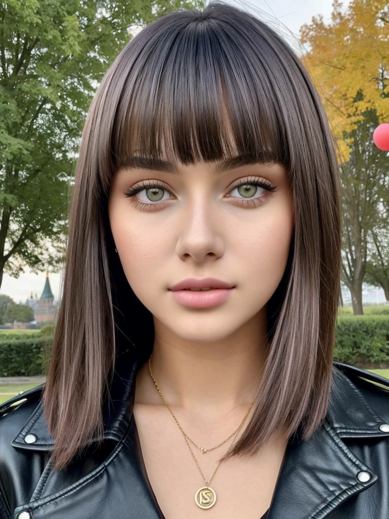 Beautiful 18-year-old girl, named Sofia, beautiful golden eyes, large detailed eyes, MID-HEIGHT bob long haircut, pink lips, sexy, detailed face, black jacket, in the background a park and a Russian roulette with balloons.