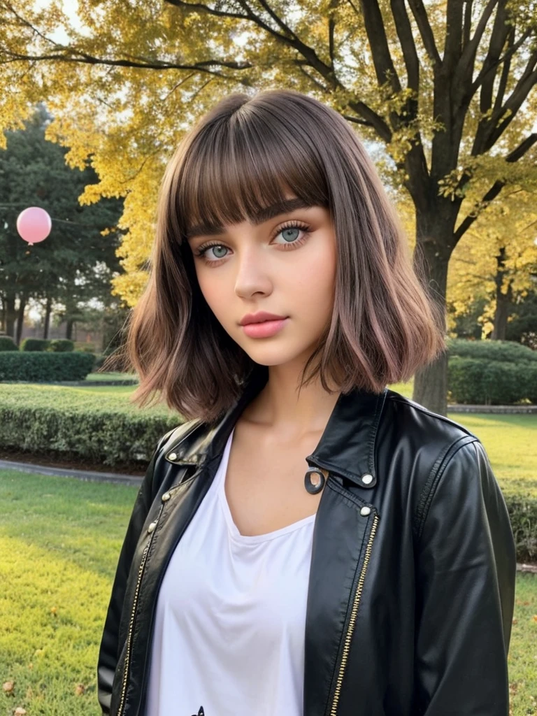 Beautiful 18-year-old girl, named Sofia, beautiful golden eyes, large detailed eyes, MID-HEIGHT bob long haircut, pink lips, sexy, detailed face, black jacket, in the background a park and a Russian roulette with balloons.