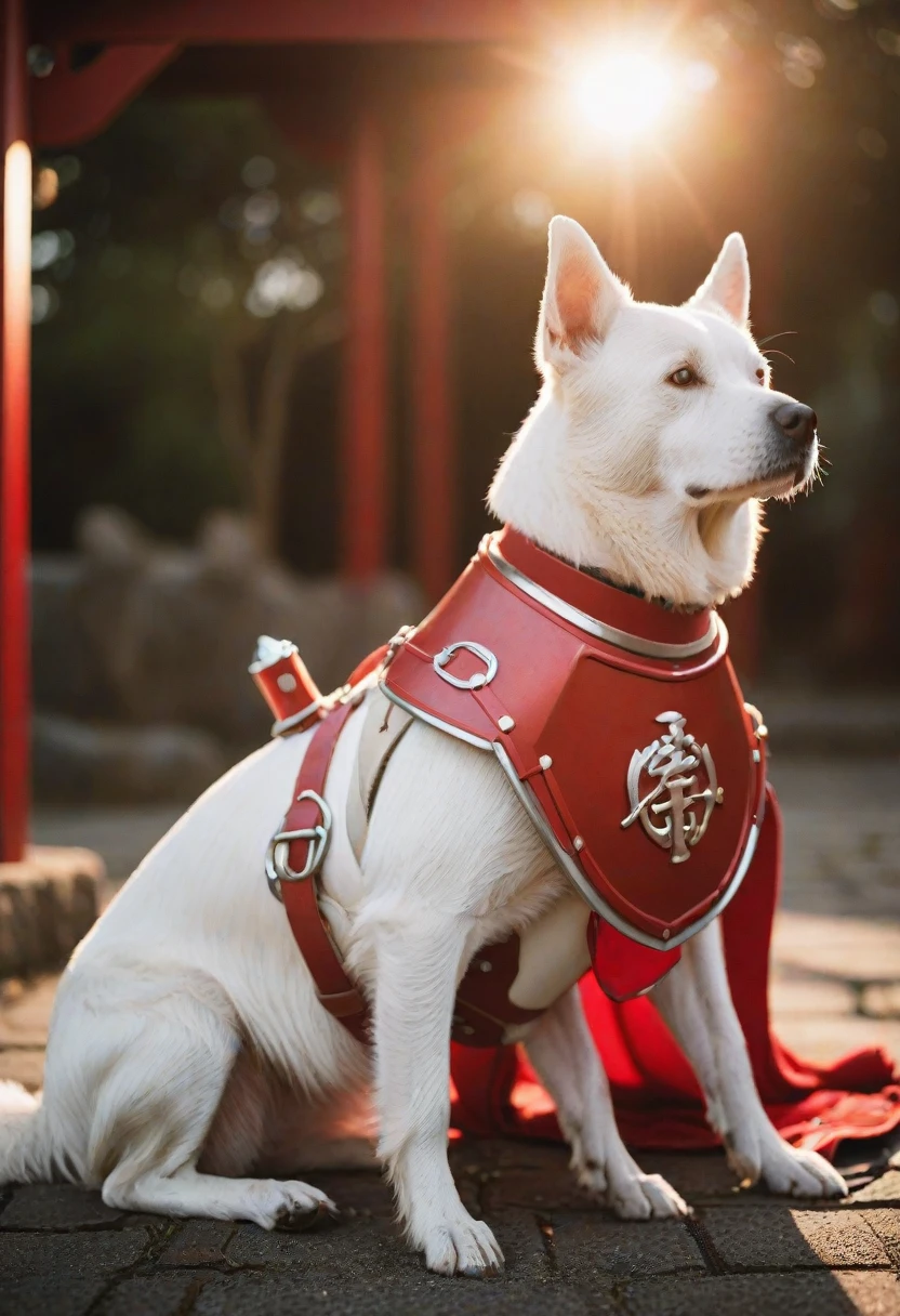 cinematic photography,White Dog,Red-themed Japanese-style armor,crap,Shine,Twilight Rays,cinematic,Rim Light,Spotlight,Very detailed background,bokeh,hasselblad,70mm,debt/2,35mm,born photo,,cinematic realism,8K natural light,born,rich,complex,Key Visual,Atmospheric lighting,Surrounded by human children,petting