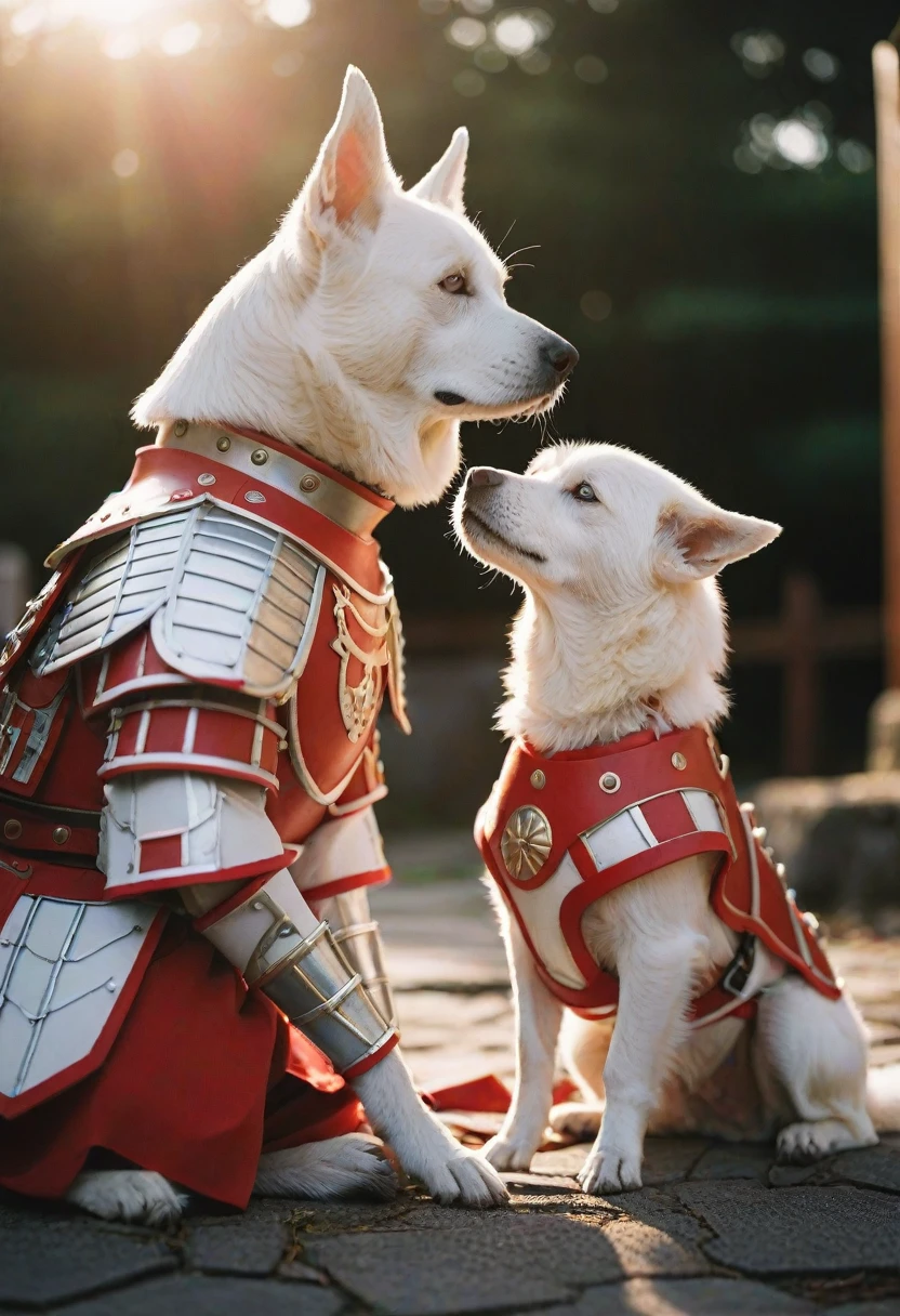 cinematic photography,White Dog,Red-themed Japanese-style armor,crap,Shine,Twilight Rays,cinematic,Rim Light,Spotlight,Very detailed background,bokeh,hasselblad,70mm,debt/2,35mm,born photo,,cinematic realism,8K natural light,born,rich,complex,Key Visual,Atmospheric lighting,Surrounded by human children,petting