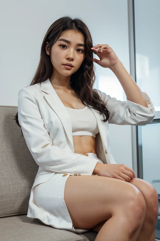 “Create a 3D image of an animated character sitting comfortably on the social media logo "tiktok". The character is a half-Japanese Thai woman, a beautiful woman with brown eyes and short black curly hair. Wearing a white suit, he is 25 years old.