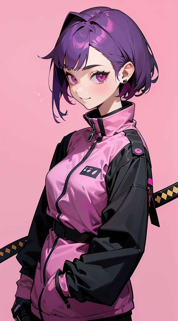 Top Quality, 8K, 4K, High Definition, Detail, (better-quality, 8K, 12), top-quality, 1 girl、only showing her face, she has purple hair, wearing a yellow pin on her right side of her hair, she has her hands together, she looking at you, she is smiling at you, medium breast, her jacket color dark gray with a pink zipper, pink eyes, showing her face and chesat, short hair long as her neck, (only showing half of her body) her jacket is loose. she is wearing earing only right ear shaped has a heart, (she holding katana) katana facing down, (katana is covering half of her face,)
