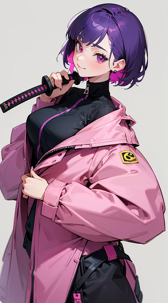 Top Quality, 8K, 4K, High Definition, Detail, (better-quality, 8K, 12), top-quality, 1 girl、only showing her face, she has purple hair, wearing a yellow pin on her right side of her hair, she has her hands together, she looking at you, she is smiling at you, medium breast, her jacket color dark gray with a pink zipper, pink eyes, showing her face and chesat, short hair long as her neck, (only showing half of her body) her jacket is loose. she is wearing earing only right ear shaped has a heart, (she holding katana) katana facing down, (katana is covering half of her face,)
