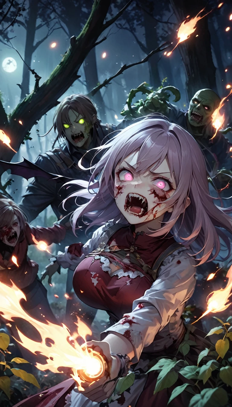 Highest quality, Super quality, 16K, Incredibly absurd, Very detailed, 2.5D, delicate and dynamic, Dark Forest, spooky night, Small faint lights and flying fireflies, night, lightning, bat, Poisonous spiders, , Small face, Extremely delicate facial expression, Delicate eye depiction, Upper body close-up, erotic,, sole beautiful sexy zombie lady, healthy shaped body, 22 years old lady, zombie, 170cm tall, big firm bouncing busts, 中国風zombie, 複雑な構造のzombieの衣装, Bloody Face, anger, fight, Thick tree branches entangle my whole body, Flame throwing from the mouth, Throwing flames at trees, Burn down the forest