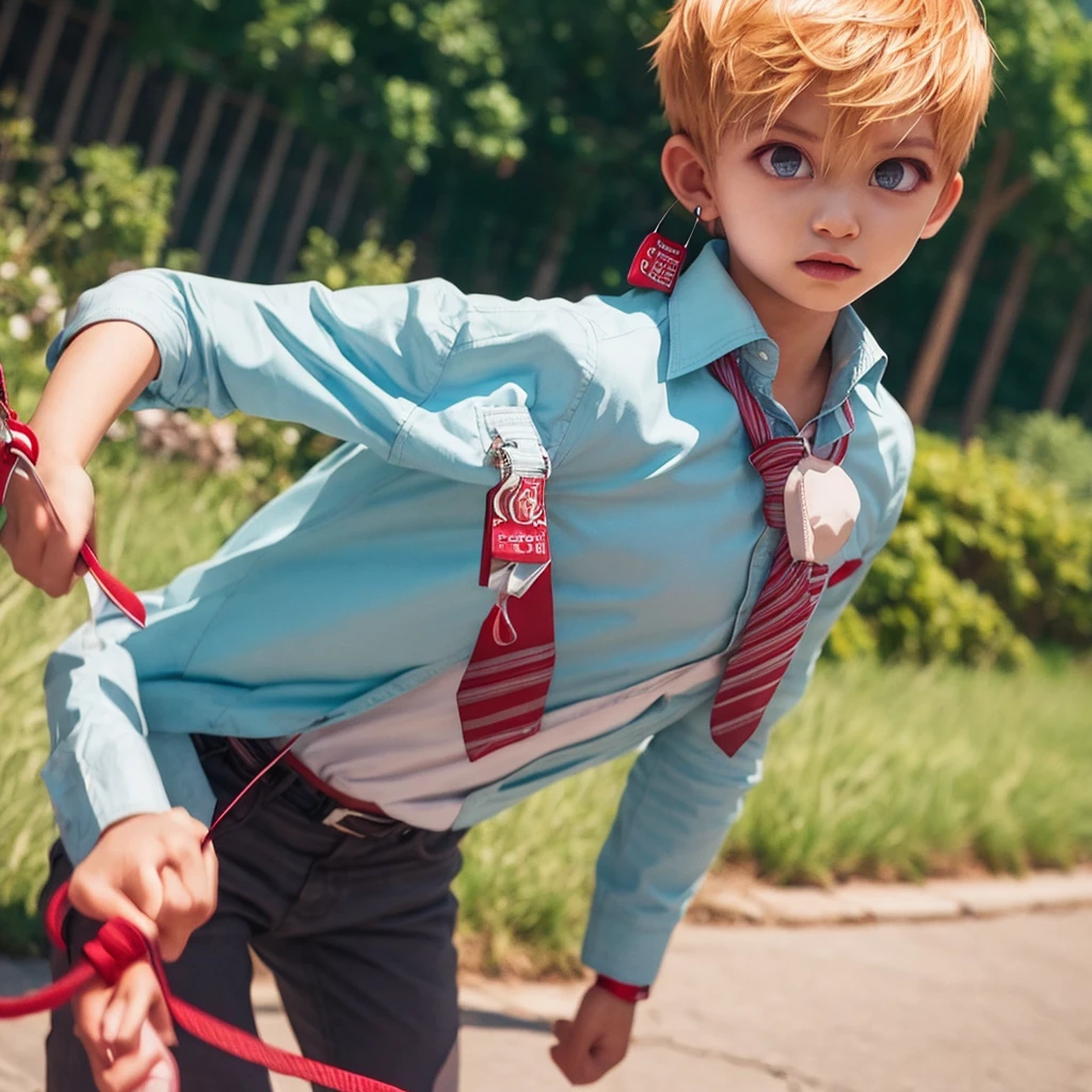 masterpiece, Highest quality, Photorealistic, One boy, alone, Male Focus, View your viewers,, Anime Coloring, ,yours_source, Blonde, blue eyes,Collar with leash,On all fours,Red tie,blazer