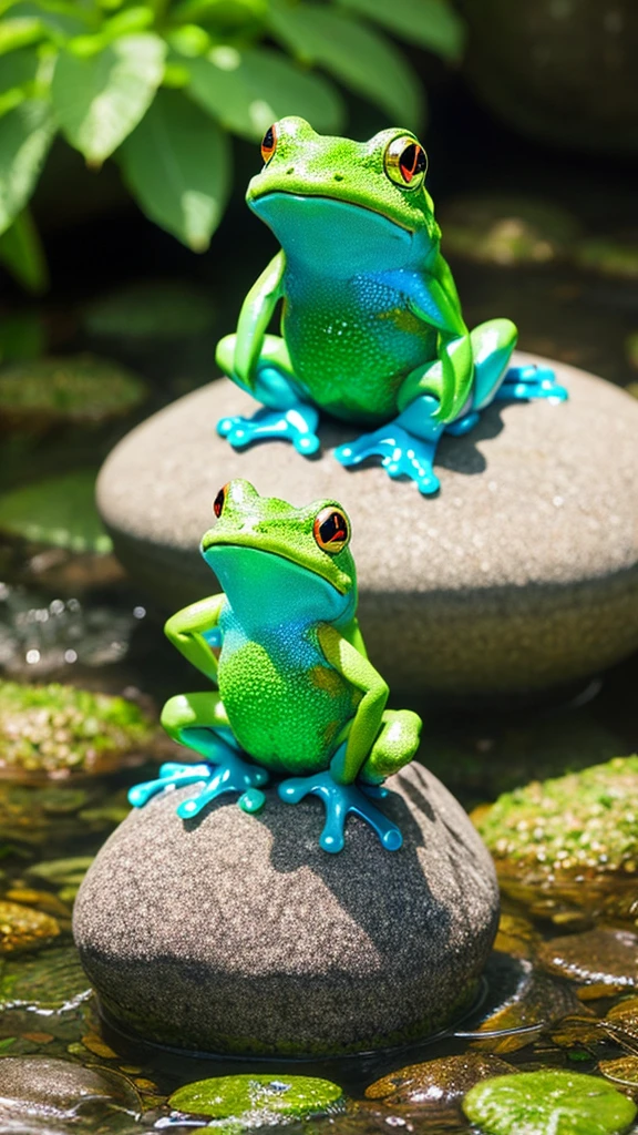 frog、Round and cute、Unusual colors、photograph、Real、3d、sitting on a mossy round stone,Imaginary Frog、Rainbow color body