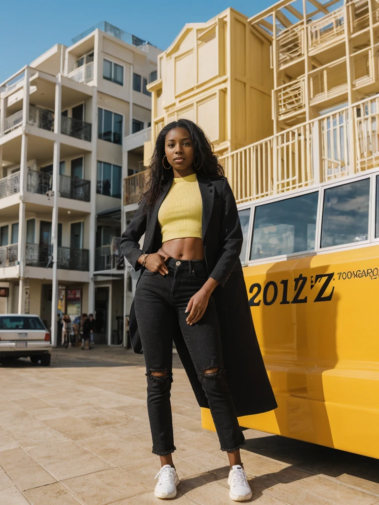 her name is Jamila, high quality, 1girl, ((20-year-old fit black woman)), ((25 years old)), ((slim)), long hair, pose: standing, wearing stylish fashionable Generation-Z modern wear different colored, BACKGROUND: outside: At Bondi Beach, against a backdrop of vibrant beach art, and cafes buzz.