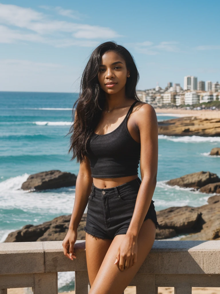 her name is Jamila, high quality, 1girl, ((20-year-old fit black woman)), ((25 years old)), ((slim)), long hair, pose: standing, wearing stylish fashionable Generation-Z modern wear different colored, BACKGROUND: outside: At Bondi Beach, against a backdrop of vibrant beach art, and cafes buzz.