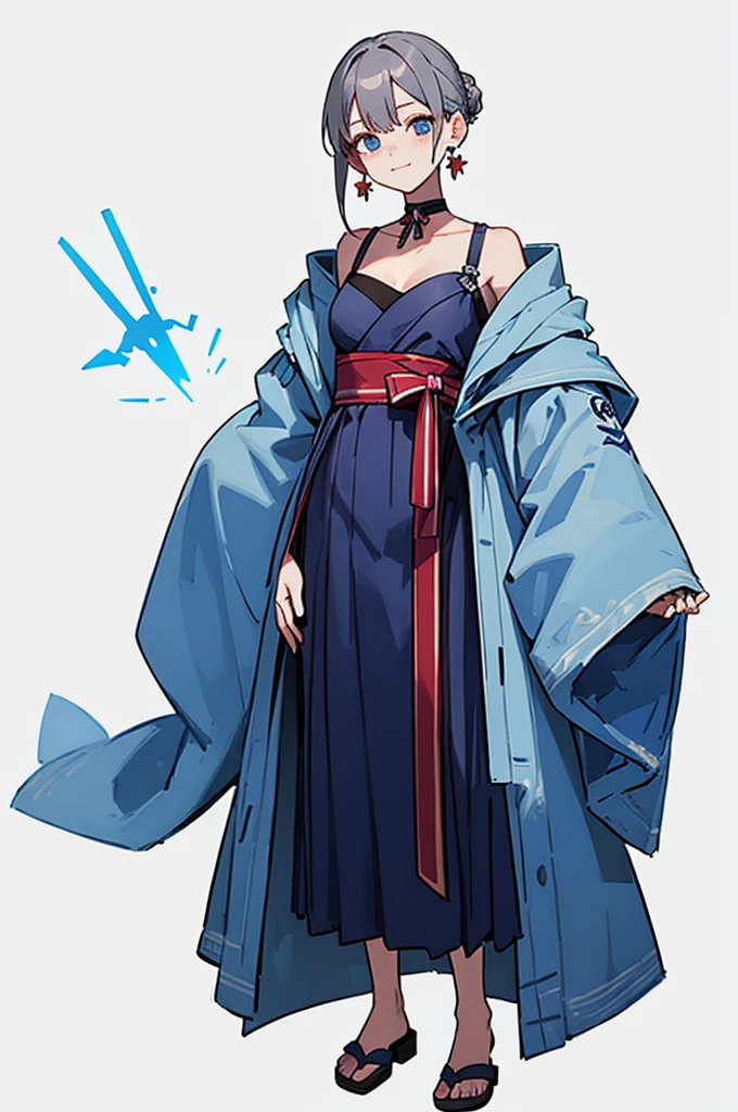 Blue Yukata、Gray Hair、Mischievous face、Choker on neck、Big earrings、Arms crossed、Only the mouth is smiling、Straw sandals、Choker on right leg(whole body、Are standing、、White background)
