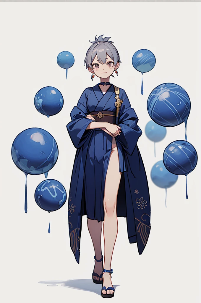 Blue Yukata、Gray Hair、Mischievous face、Choker on neck、Big earrings、Arms crossed、Only the mouth is smiling、Straw sandals、Choker on right leg(whole body、Are standing、、White background)