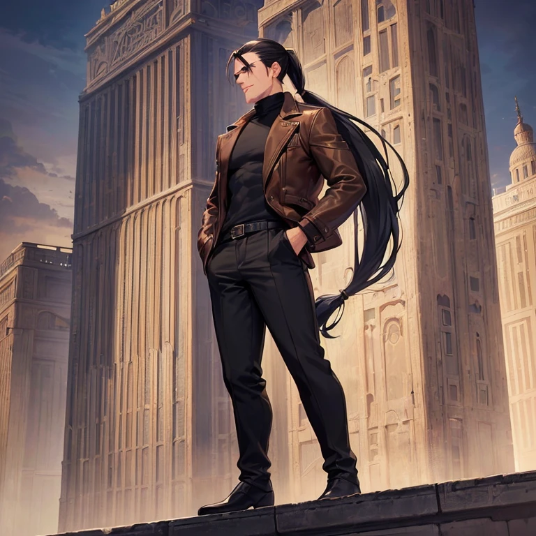 (detailed), (((normal guy))), (arab features), ((brown sheepskin jacket)), ((pelo con rulos negro ponytail hairstyle)), (calm face), ((ponytail hairstyle)), ((tall black boots)), (((whole body))), ((on top of a building)), ((male)),hands in pockets, (black turtleneck sweater)