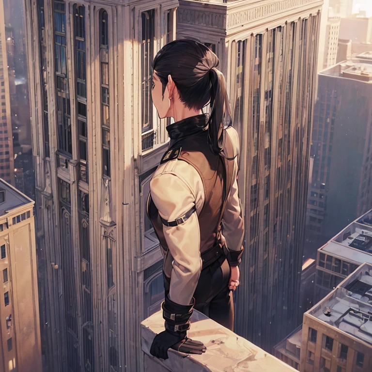 (detailed), (((normal guy))), (arab features), ((brown sheepskin jacket)), ((pelo con rulos negro ponytail hairstyle)), (calm face), ((ponytail hairstyle)), ((tall black boots)), (((whole body))), ((on top of a building)), ((male)),hands in pockets, (black turtleneck sweater)