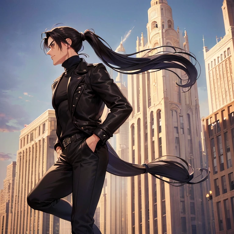 (detailed), (((normal guy))), (arab features), ((brown sheepskin jacket)), ((pelo con rulos negro ponytail hairstyle)), (calm face), ((ponytail hairstyle)), ((tall black boots)), (((whole body))), ((on top of a building)), ((male)),hands in pockets, (black turtleneck sweater)