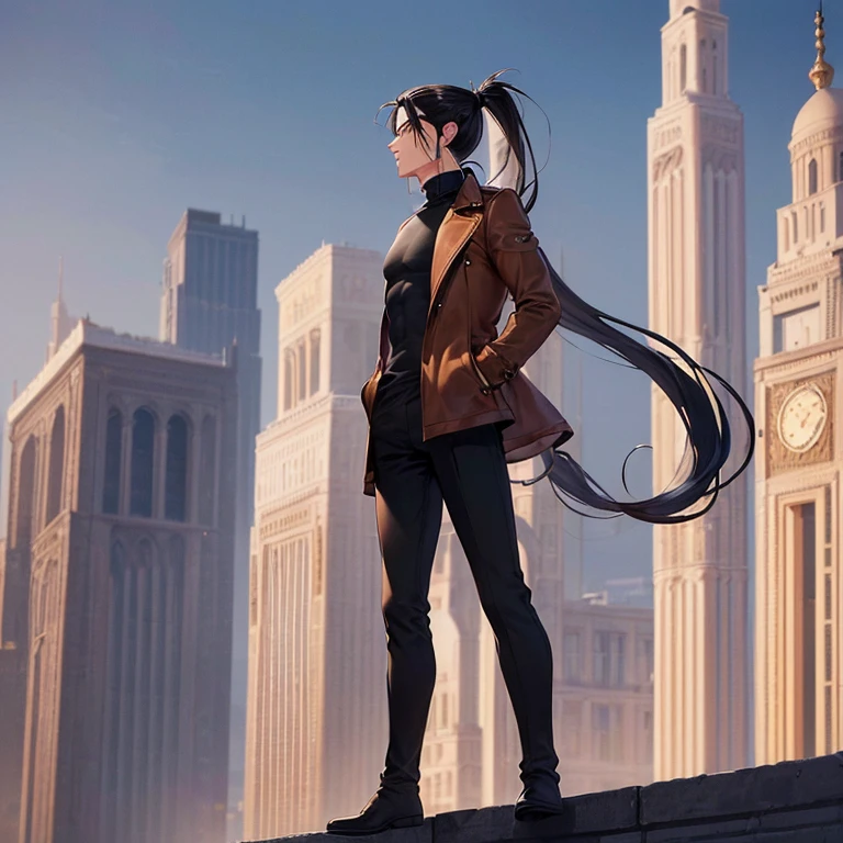 (detailed), (((normal guy))), (arab features), ((brown sheepskin jacket)), ((pelo con rulos negro ponytail hairstyle)), (calm face), ((ponytail hairstyle)), ((tall black boots)), (((whole body))), ((on top of a building)), ((male)),hands in pockets, (black turtleneck sweater)
