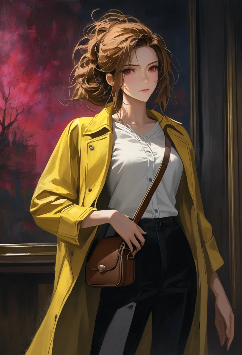((adult)), (woman), ((tall)), masterpiece, best quality, dark aura, brown hair, ((updo hair)), (messy hair) , ringed dark red eyes, plain white shirt, Yellow coat, black pants, carrying a big waist leather bag, (faint smile), realistic anime style, (oil painting), dark old manor background, night, impasto.