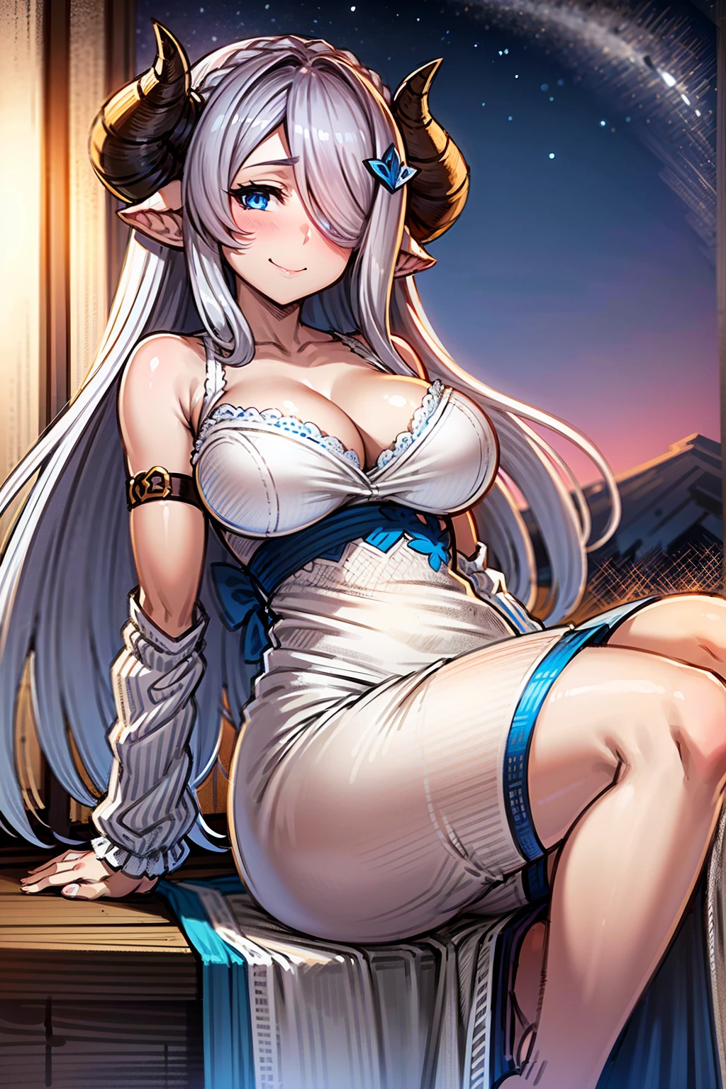 (((1 woman))), ((detailed blue eyes)), ((long silver hair)), large breasts, perfectly drawn body, narmaya, seductive smile, white nightgown, best quality, masterpiece, ultra-detailed