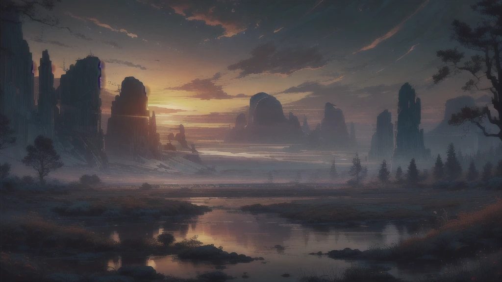 (work of art, best qualityer, high qualiy, high resolution:1.4), detailded, extremely detailded, soft ambient lighting, 4K, paisaje, (twilight, SUNSET, Sky darkening:1.3), marsh, what, mist, mountains in the background, crooked trees, darkness, black fantasy, gothicchorrorai