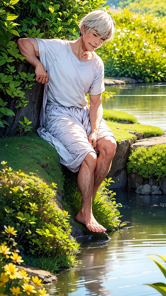 Create a high-quality anime-style image featuring an elderly man standing on a rocky cliff by the sea. The man has white hair, a beard, and is wearing round glasses. He is dressed in a white shirt, beige pants rolled up at the ankles, and white sneakers. His posture is relaxed, with his hands in his pockets, gazing thoughtfully into the distance.
The background consists of a clear blue sky filled with fluffy, white clouds. Below the cliff, there is a calm sea with boats and a small coastal village nestled at the foot of green, mountainous terrain. The scene captures a peaceful, reflective moment, with vibrant colors and detailed shading to emphasize the tranquil and contemplative atmosphere.