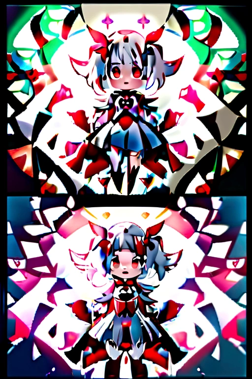 beautiful illustration, best quality, cute petit girl, (transform sequence), transform magical girl, chibi, white magical girl, fractal art, albino, babyface, long pure white and red mesh hair, beautiful detailed red eyes, cinematic lighting, cowboy shot, looking at viewer, from bottom, happy