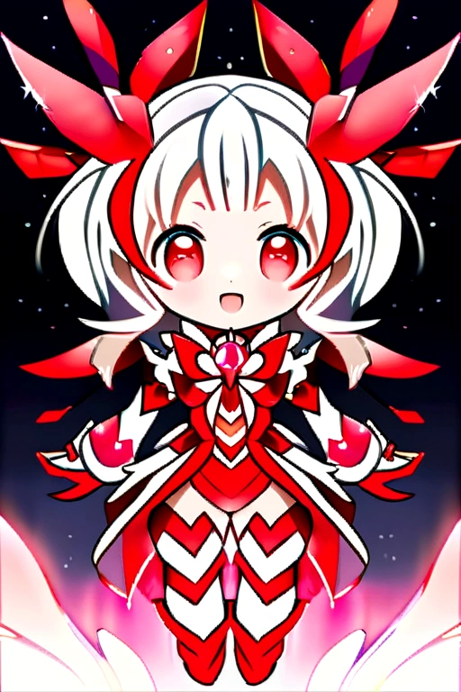 beautiful illustration, best quality, cute petit girl, (transform sequence), transform magical girl, chibi, white magical girl, fractal art, albino, babyface, long pure white and red mesh hair, beautiful detailed red eyes, cinematic lighting, cowboy shot, looking at viewer, from bottom, happy