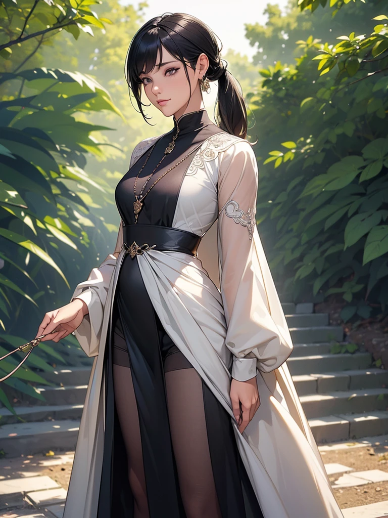 Best quality, 4k, high resolution, body stuck dress, perfect smile, gorgeous, light skin, (ichigo),black hair, (one pony tail), wearing bodystuck long dress,(long sheeves), clothes are stuck in body, bodyfit outfit,1 girl, solo, seductive look, elegance and charm, (masterpiece, best quality, high resolution), looking at the viewer, standing, (intricate and beautiful:1.2), (detailed light:1.2), (soft light, side light), (high resolution textures) , holding leash in hand(chain leash), outdoor, Burmese girl,wearing bodcorn dress(black colour) with purple line ,wearing gorgeous jewelary, wearing harness over the outfit ,outdoor background, sun light, attractive, sexy, mature and hot, young,(masterpiece:1.3), (disorganized:1.3), (highest quality:1.3), perfect anatomy, detailed face, front view, perfect right hands, looking at viewer, (Super detailed:1.3), (best shadow:0.7), (treated hair), fine eyes, beautiful eyes, young aged woman, alone, standing, crystal earrings,closed_mouth, , outdoors,Thick thighs, arrogant face, small
