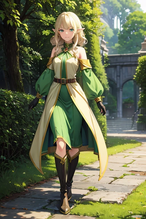 Anime Art、Full body portrait、alone、Fantasy world characters、A tall elf woman, about 39 years old, about 175 cm tall, walking, wearing a green shirt、Long skirt with slits reaching down to the ankles、Smiling、Her hair is curly and semi-long.、Platinum Blonde Hair、Green Eyes、gloves、Flat chest、Knee-high boots