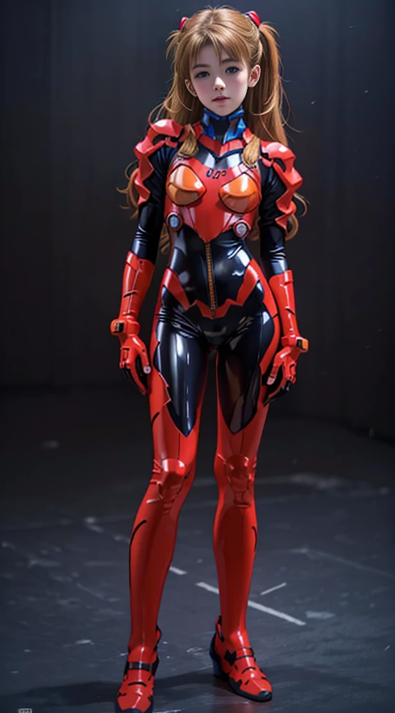 (((full body photo))), (Masterpiece: 1.4, highest quality), (intricate details), Unity8k wallpaper, super detailed, beautiful and mysterious, detailed background, realistic, solo, perfect detail face, detailed blue eyes, very detailed, blush, hair ornament, chignon mahogany hair, (blonde hair), plug suit 02,Shikinami Asuka Langley, Evangelion, slender 15-year-old girl, full body suit, black background, Above the waist