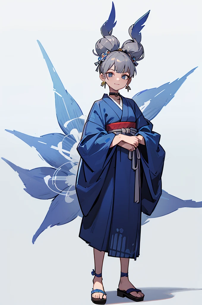 Blue Yukata、Gray Hair、Mischievous face、Choker on neck、Big earrings、Arms crossed、Only the mouth is smiling、Straw sandals、Choker on right leg(whole body、Are standing、、White background)
