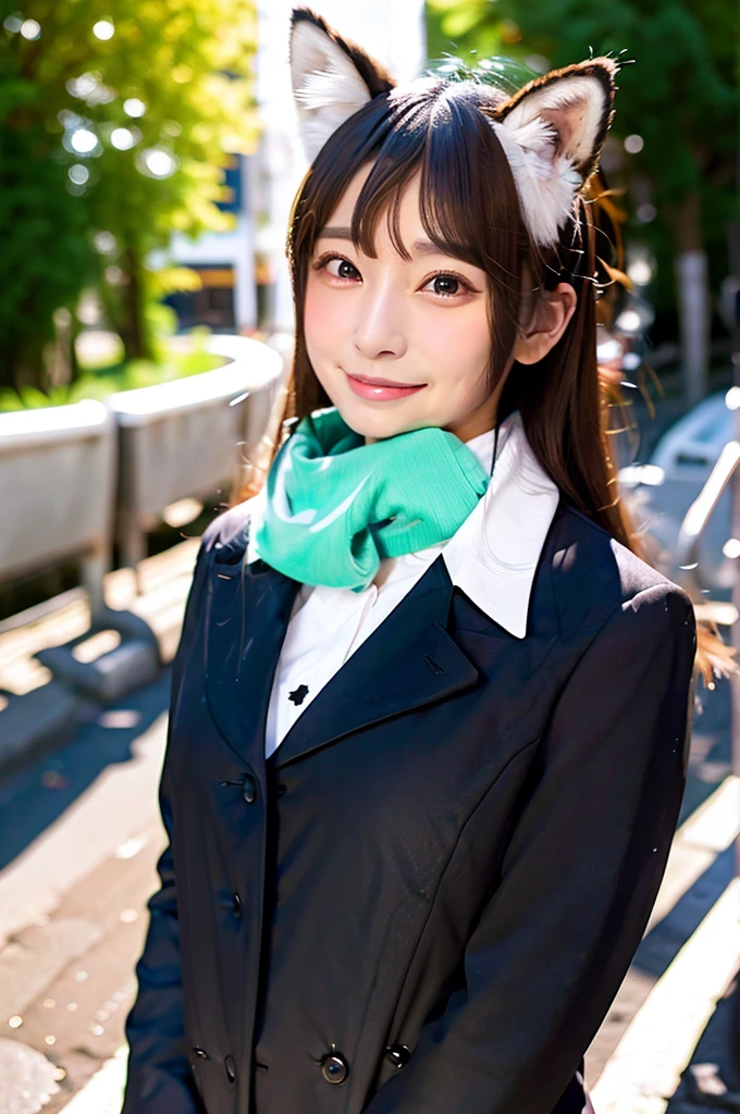One girl, Animal earsの毛, Animal ears, Aqua Eye, bangs, black coat, chest, button, coat, Arms crossed, Fox Ears, Fox Girl, High resolution, large chest, Long Hair, View your viewers, Open your mouth, 部分的にbuttonを外した, road, scarf, shirt, Short eyebrows, smile, alone, Are standing, street, tail, Thick eyebrows, Upper Body, white shirt, From below
