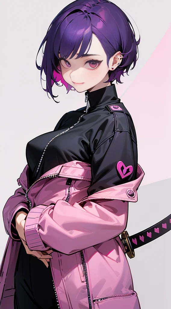 Top Quality, 8K, 4K, High Definition, Detail, (better-quality, 8K, 12), top-quality, 1 girl、only showing her face, she has purple hair, wearing a yellow pin on her right side of her hair, she has her hands together, she looking at you, she is smiling at you, medium breast, her jacket color dark gray with a pink zipper, pink eyes, showing her face and chesat, short hair long as her neck, (only showing half of her body) her jacket is loose. she is wearing earing only right ear shaped has a heart, (she holding katana) katana facing down, (katana is covering half of her face,)