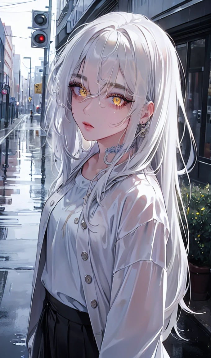 1girl, portrait, solo,lips, female focus, yellow eyes, looking at viewer, white hair, long hair, closed mouth, smile, casual clothes, rainy day, wet clothes, street on the background