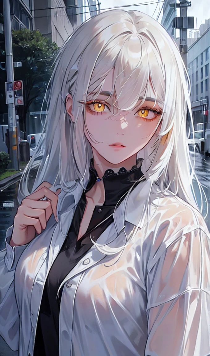 1girl, portrait, solo,lips, female focus, yellow eyes, looking at viewer, white hair, long hair, closed mouth, smile, casual clothes, rainy day, wet clothes, street on the background