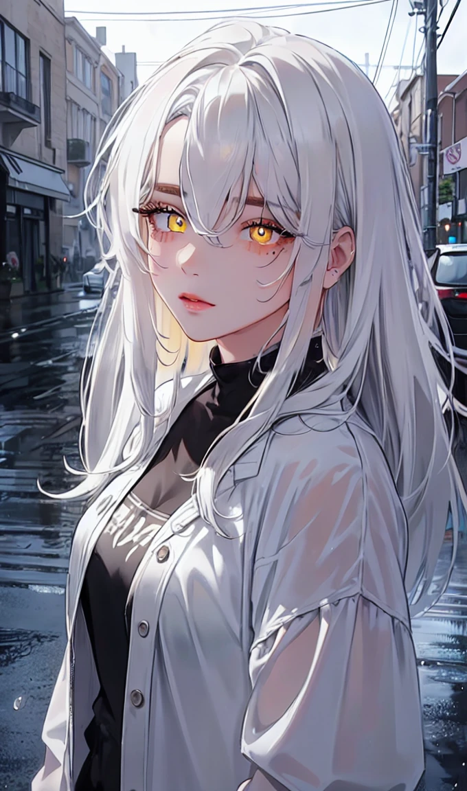 1girl, portrait, solo,lips, female focus, yellow eyes, looking at viewer, white hair, long hair, closed mouth, smile, casual clothes, rainy day, wet clothes, street on the background