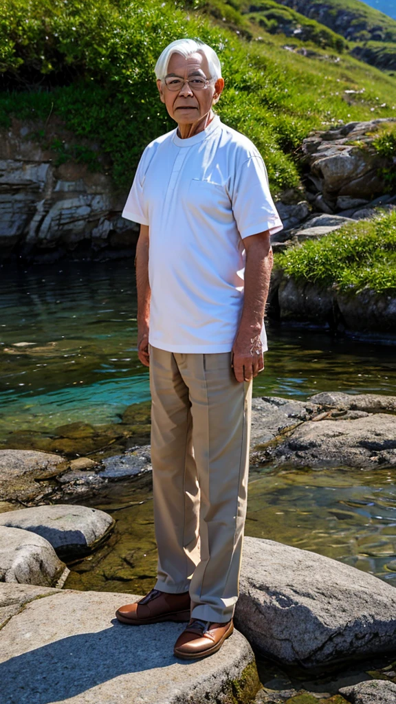 Create a high-quality anime-style image featuring an elderly man standing on a rocky cliff by the sea. The man has white hair, a beard, and is wearing round glasses. He is dressed in a white shirt, beige pants rolled up at the ankles, and white sneakers. His posture is relaxed, with his hands in his pockets, gazing thoughtfully into the distance.

The background consists of a clear blue sky filled with fluffy, white clouds. Below the cliff, there is a calm sea with boats and a small coastal village nestled at the foot of green, mountainous terrain. The scene captures a peaceful, reflective moment, with vibrant colors and detailed shading to emphasize the tranquil and contemplative atmosphere.