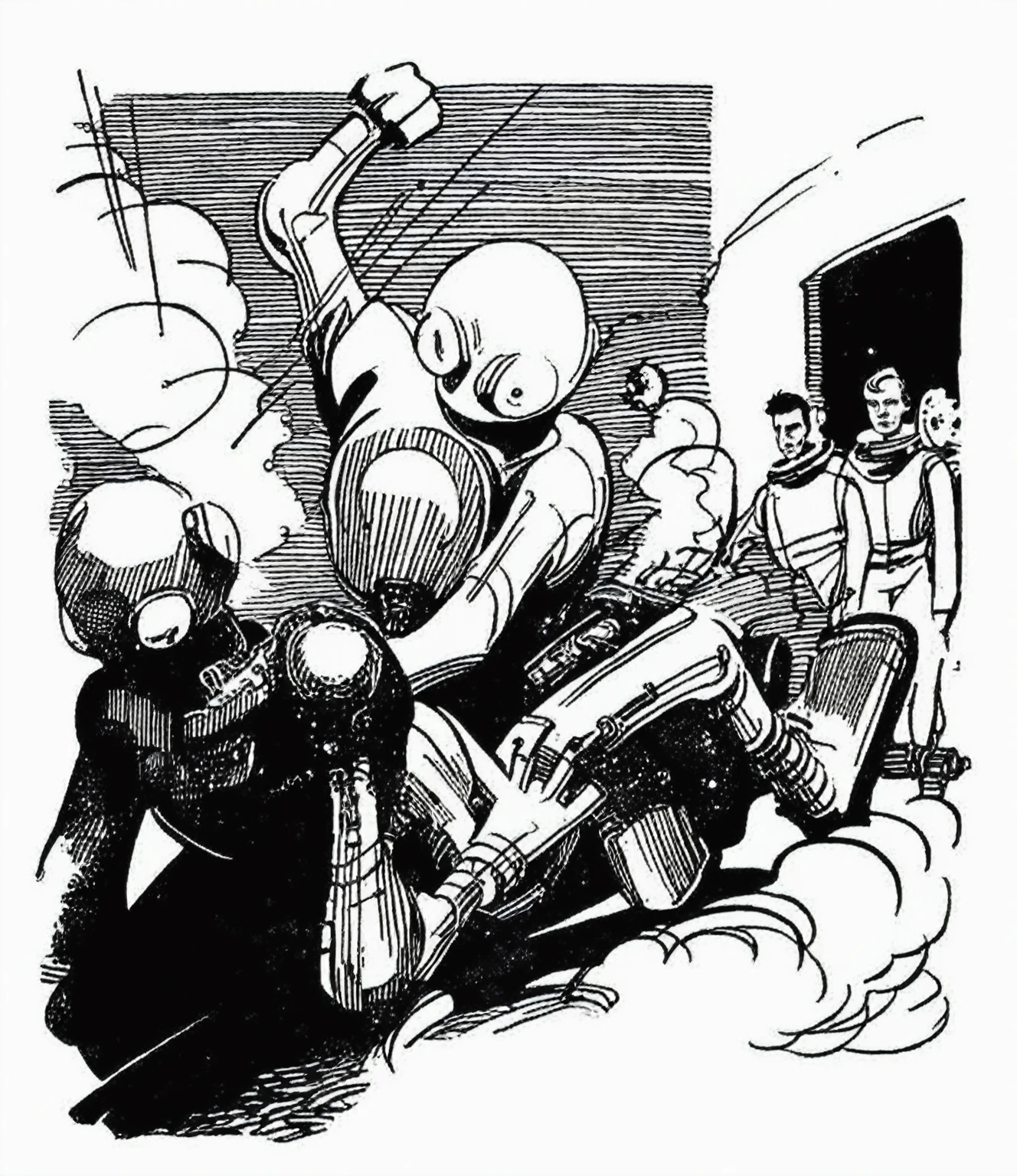 black and white drawing of a man on a motorcycle with a gun, Sci-fi pulp illustration, inspired by Hal Foster, 5 0 s Sci-fi pulp illustration, Inspired by Wally Wood, robotы сражаются, Bob Ringwood, comic book illustration, depicted as a science fiction scene, Inspired by Ed Emshwiller, Science fiction, 1 9 5 0 с Science fiction, robot, Killing a Man