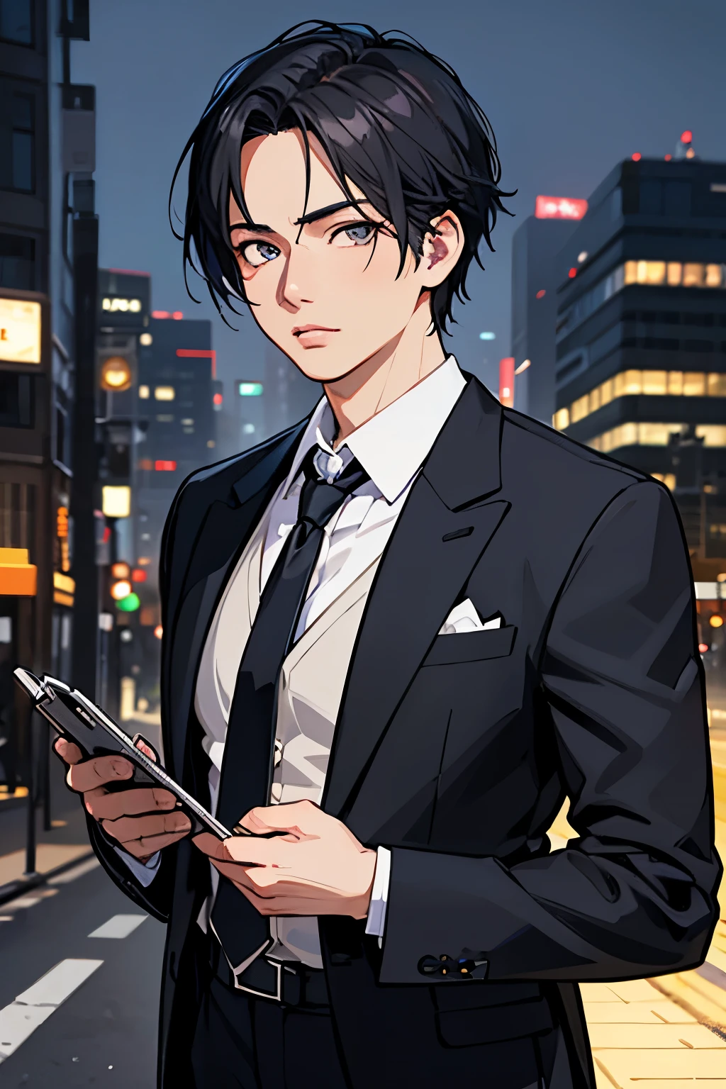 Anime Style, masterpiece, high quality, Style sheet, Fantasy, salaryman, 1 person, Detailed face, Realistic eyes, Realistic lips, Elegant suits, tie, briefcase, urban landscape background, Dramatic lighting, Vibrant colors, Structure of the film, Realistic, 8K, Super detailed