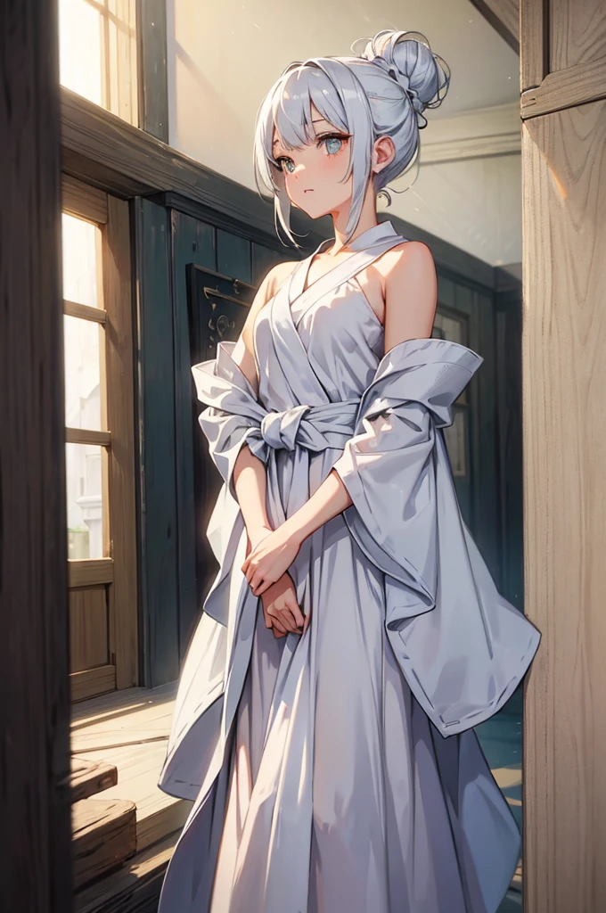 An image of Hana, with silver hair tied in a bun and wearing a simple but elegant robe, standing and using the story to teach others about understanding and compromise, with attentive villagers listening. (masterpiece, hd, best quality, 2d)