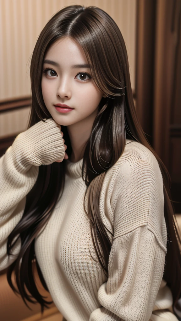 (masterpiece: 1.3), (8K, Realistic, RAW Photos, Highest quality: 1.4), (One girl), Beautiful Face, (Realistic Face), (Long Hair: 1.3), Beautiful hairstyle, Realistic eyes, Beautiful brown eyes, Beautiful details in the eyes, (Realistic Skin), Beautiful Skin, (sweater), Absurd, Charm, 超High resolution, Ultra-realistic, High resolution, Golden Ratio、Big Breasts