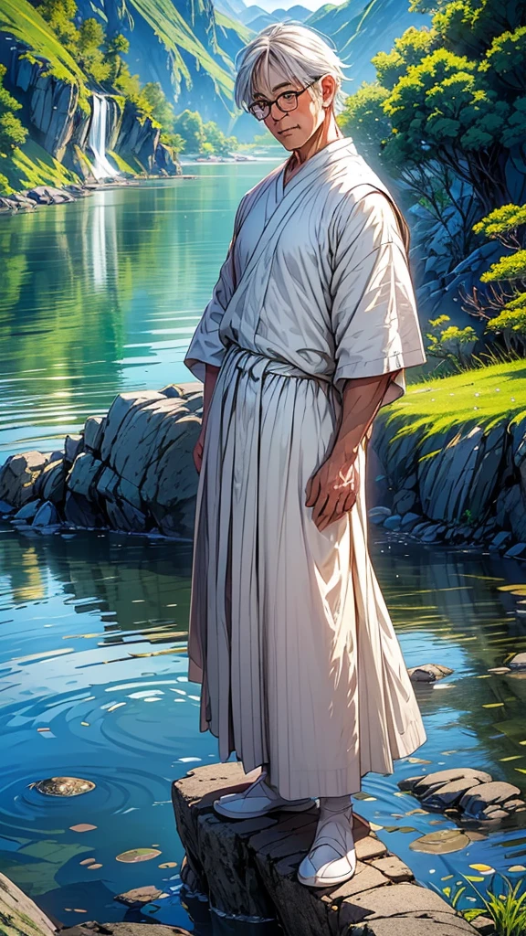 Create a high-quality anime-style image featuring an elderly man standing on a rocky cliff by the sea. The man has white hair, a beard, and is wearing round glasses. He is dressed in a white shirt, beige pants rolled up at the ankles, and white sneakers. His posture is relaxed, with his hands in his pockets, gazing thoughtfully into the distance.
The background consists of a clear blue sky filled with fluffy, white clouds. Below the cliff, there is a calm sea with boats and a small coastal village nestled at the foot of green, mountainous terrain. The scene captures a peaceful, reflective moment, with vibrant colors and detailed shading to emphasize the tranquil and contemplative atmosphere.